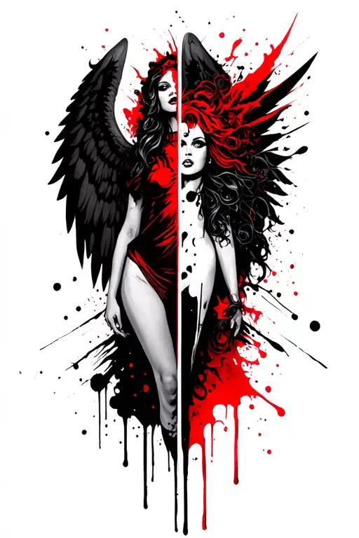half angel half devil with wings and her light and dark power tattoo design idea