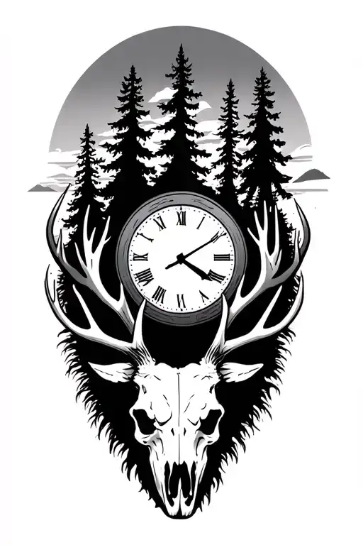 pine trees, elk skull, clock face, sunset sky tattoo design idea