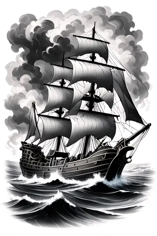 black Pearl pirate ship sailing through stormy tattoo design idea
