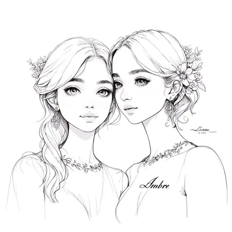Léana and Ambre in first name and their date of birth tattoo design idea
