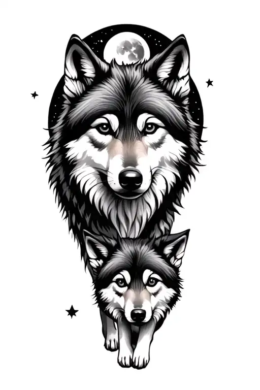 mom wolf with 2 pups and moon and stars in back ground  tattoo design idea