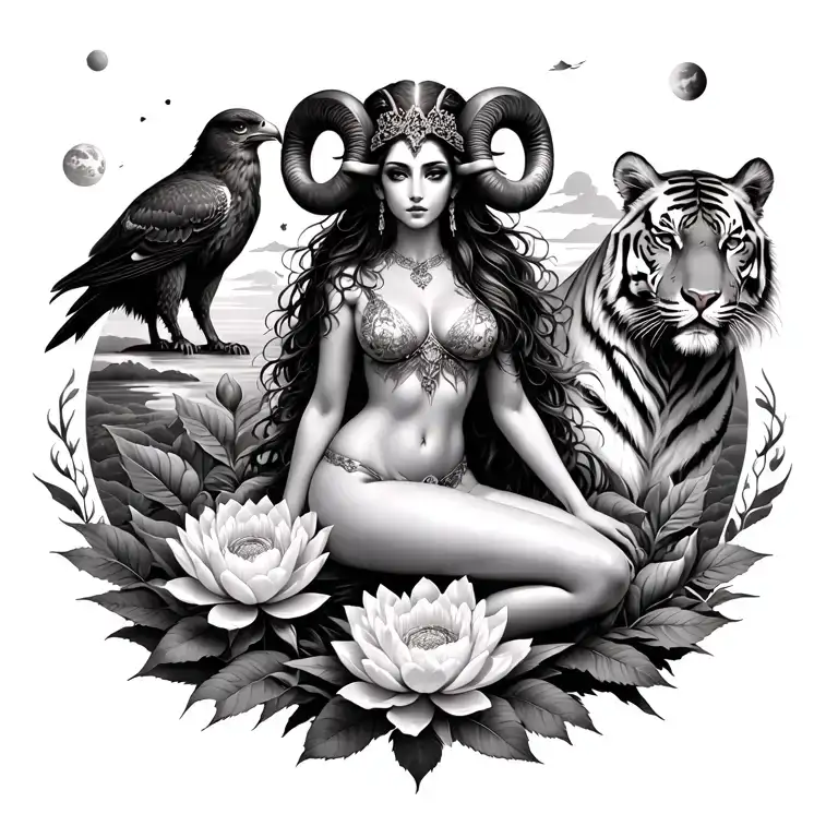 sexy aries goddess surrounded by lotus and peony flowers growing with a hawk and a tiger in a sky landscape with mars  tattoo design idea