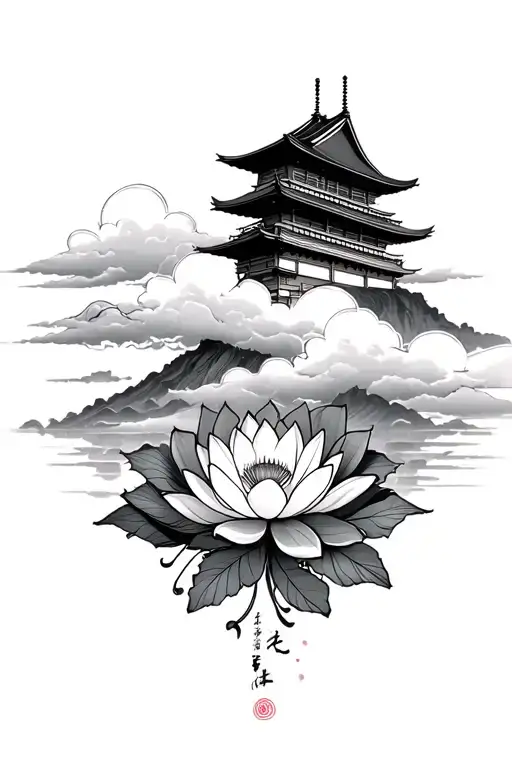 tall japanese temple clouds on a mountain  lotus flower  japanese filagree tattoo design idea