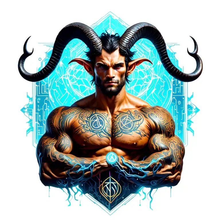 Gay male horned satyr with massive bodybuilder muscles. Background of natural tree roots, vines and patterns tattoo design idea