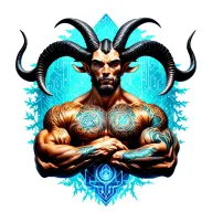 Gay male horned satyr with massive bodybuilder muscles. Background of natural tree roots, vines and patterns tattoo design idea