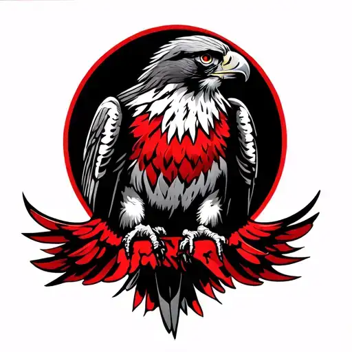 men's thigh tattoo. falcon in red white and black ink.  tattoo design idea