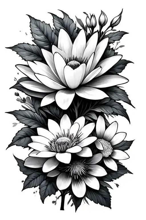 lurkspur waterlilly cosmos and marigold flowers intertwined tattoo design idea