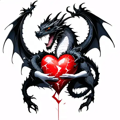 tattoo of a black dragon wrapped around a shattered heart held by a demon woman tattoo design idea