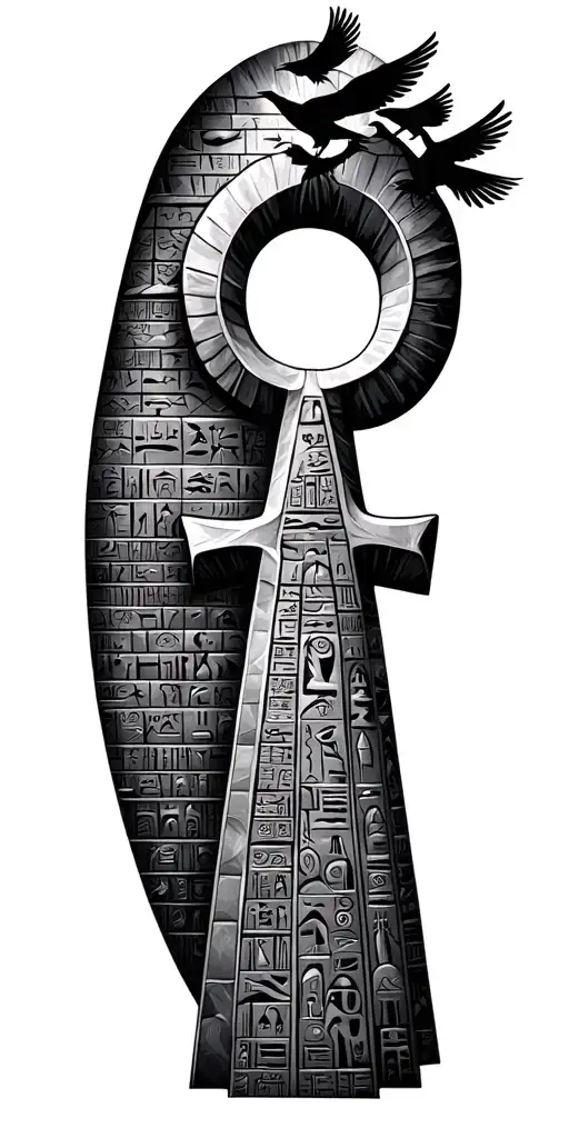 hieroglyphs ankh pyramids egypt pyramid surrounded by birds tattoo design idea