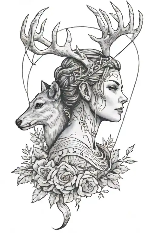 artemis with antlers, an arrow and a deer below her tattoo design idea