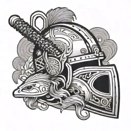A combination of a Viking helmet, surfboard, and fishing rod intertwined to represent the client's diverse interests tattoo design idea
