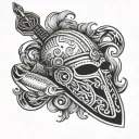 A combination of a Viking helmet, surfboard, and fishing rod intertwined to represent the client's diverse interests tattoo design idea
