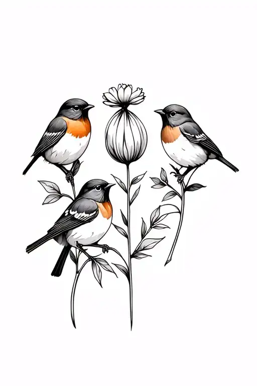 3 robins each holding a flower, one a birth flower for may, september and november tattoo design idea