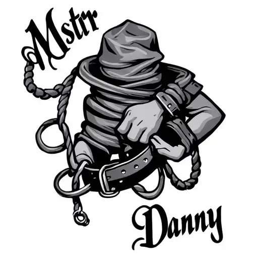 "Mstr Danny" bdsm symbol with collar and leash being held tattoo design idea