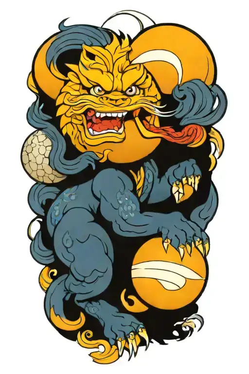 Foo dog holding ball tattoo design idea