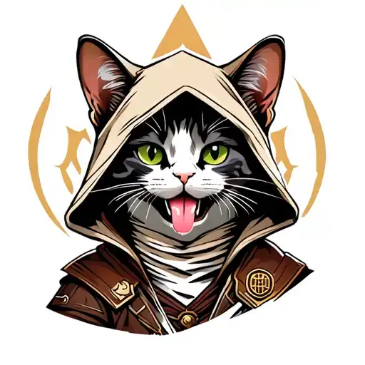 a guffy cat tongue out,  wearing ezio auditore outfit whith assassin's creed symbol in the background tattoo design idea
