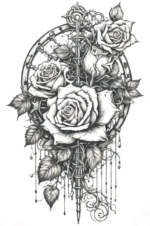 female silhouette bleeding heart rose barbwire tattoo design idea