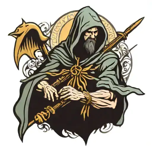 faceless hooded saint Christopher full body holding water trident  tattoo design idea