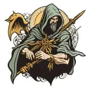 faceless hooded saint Christopher full body holding water trident  tattoo design idea