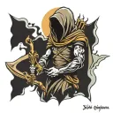 faceless hooded saint Christopher full body holding water trident  tattoo design idea