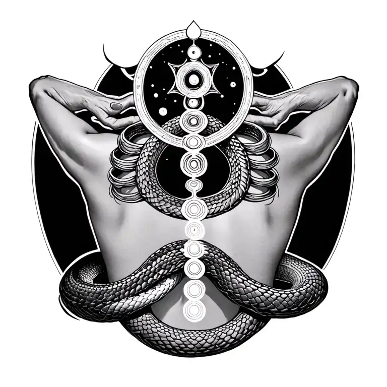 chakra on back with snake intertwined tattoo design idea