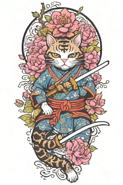 japanese tradiotional style, samurai cat holding a katana, water splashing, ltus flower, sakura flower, peony flower, cl tattoo design idea