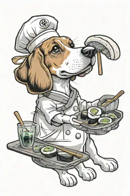 create a beagle in a sushi chef outfit. but humanlike posture. make it cartoonish tattoo design idea
