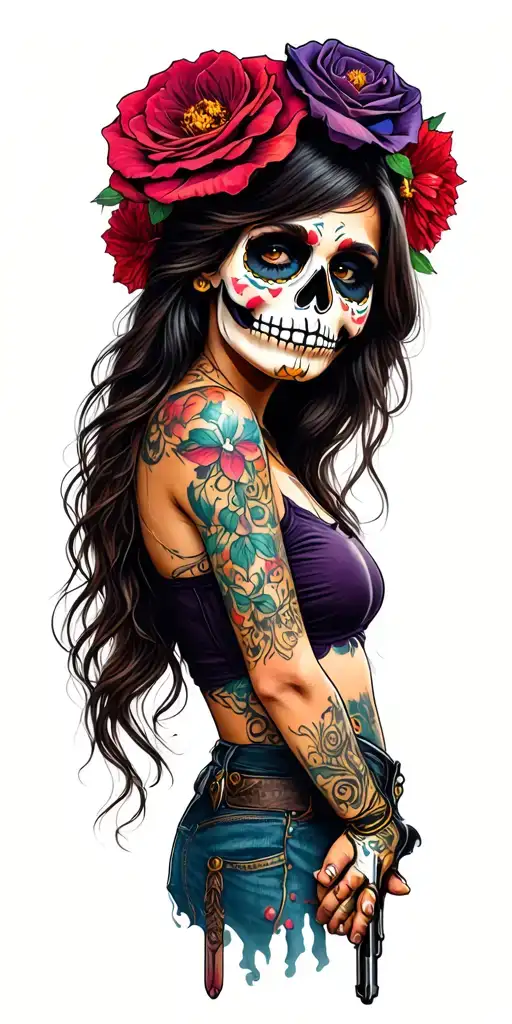guns girl day of the dead tattoo design idea