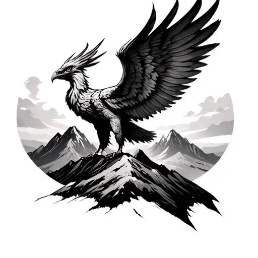 masculine phoenix over a mountain on my felt with wings opened going to my peck and lat tattoo design idea