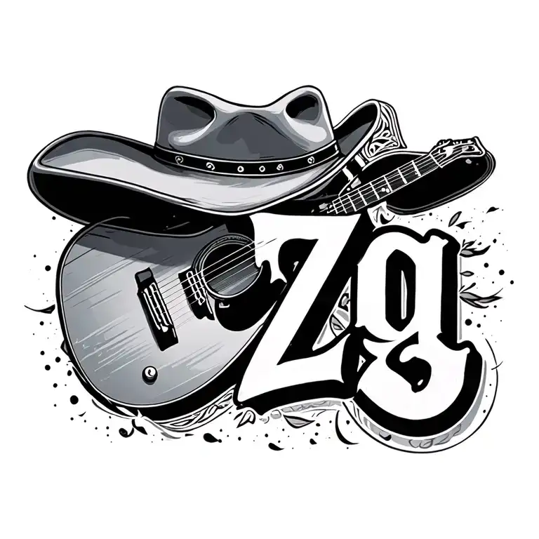 "ZG" acoustic guitar and cowboy Hat tattoo design idea