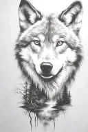 wolf cub, moon, forest, river, adult wolf, smoke rising tattoo design idea