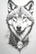 wolf cub, moon, forest, river, adult wolf, smoke rising tattoo design idea