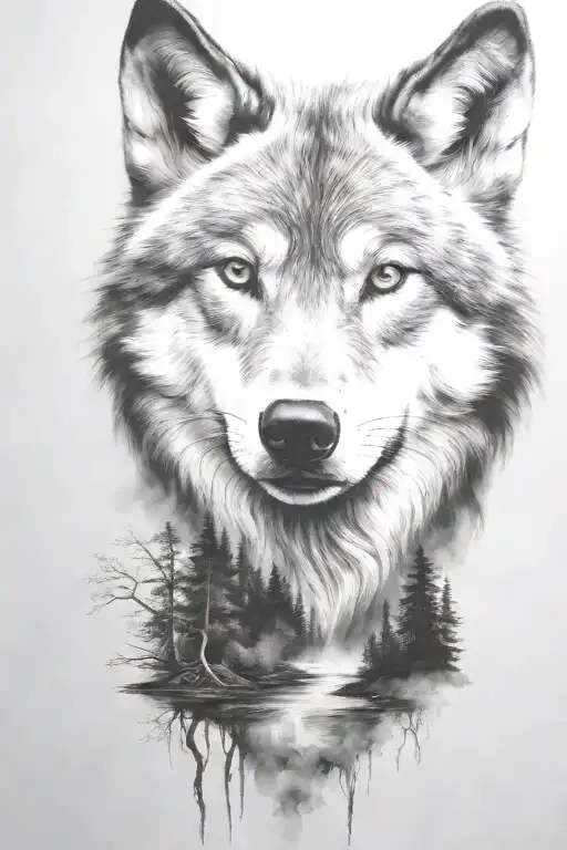 wolf cub, moon, forest, river, adult wolf, smoke rising tattoo design idea