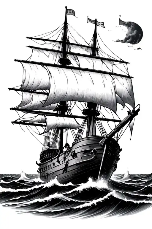 A galleon ship sailing through stormy seas tattoo design idea