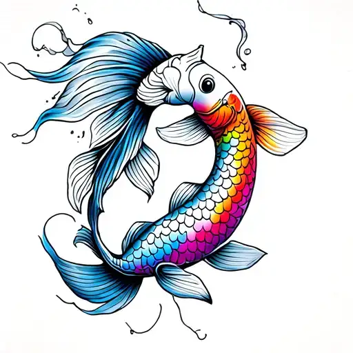 regular line thickness, small back of neck tattoo, koi fish, lines done in rainbow ombre tattoo design idea