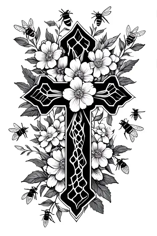 cross outline with flowers, bees and honey comb tattoo design idea