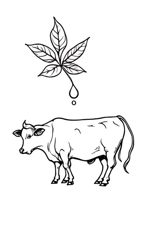 Prompt 1:/imagine prompt: A black ink tattoo design of a serene cow beneath a large Bodhi leaf, one sacred drop falling tattoo design idea