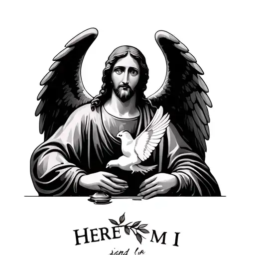 Arch angel micheal, last supper, dove with eye, creation of adam hands, Here am I send me, olive branch  tattoo design idea
