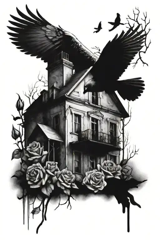 the bird flying away Abandoned Stalin-era house, roses, tree roots tattoo design idea