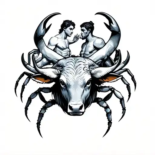 Taurus bull with genini twins next to it with cancer crab and Aquarius man next to them interacting  tattoo design idea