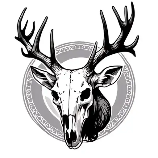 Turn this photo of a deer skull with antlers into a black and white tattoo design. Keep the skull and antlers realistic, tattoo design idea