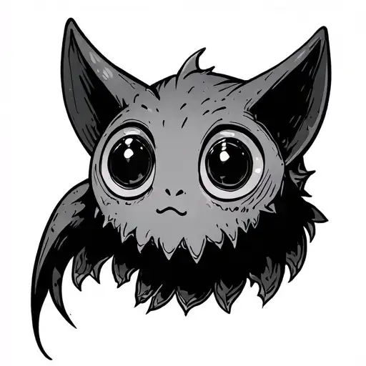 Minimal black ink creature, thick lines, large wise eyes, cute but eerie, ancient riddle-giver vibe, no background, myst tattoo design idea