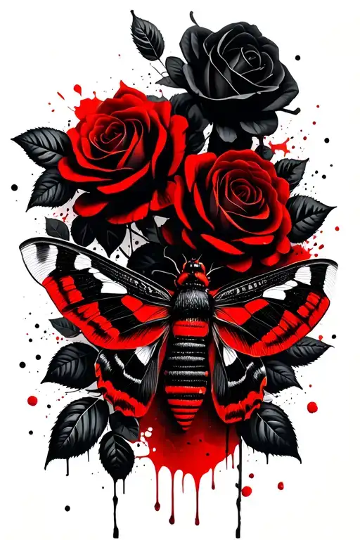 moth, in the background leaves and black roses tattoo design idea