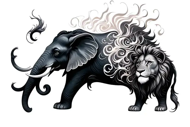 twin flame elephant and lion tattoo design idea