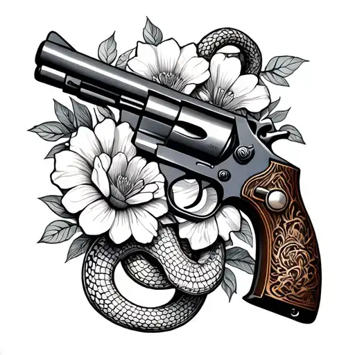 old school pistol with flowers and snake  tattoo design idea