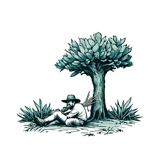 agave farmer resting underneath a tree with a piece of straw in his mouth tattoo design idea