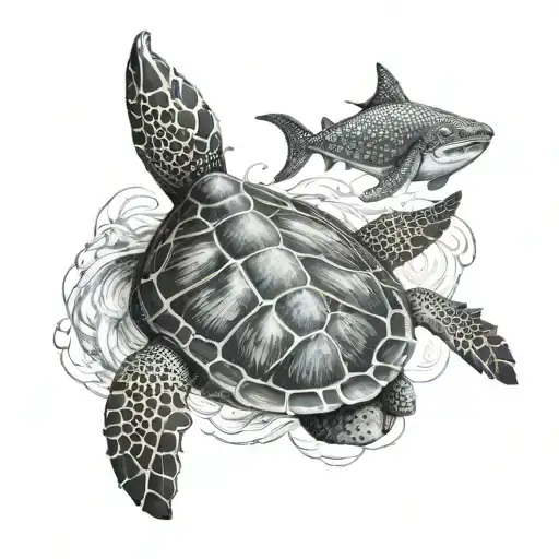 A sea turtle swimming with a whale shark tattoo design idea