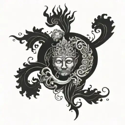 An intricate design of a god-like figure surrounded by swirling nature elements, representing the divine connection between humans and the natural world tattoo design idea