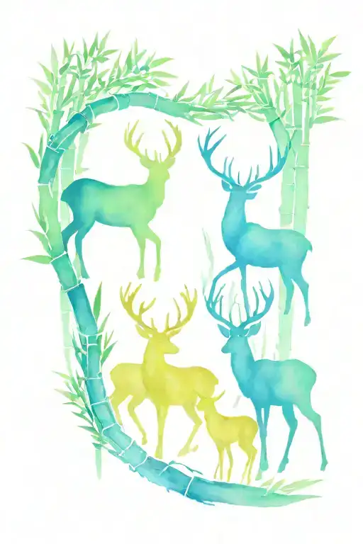 2 Stags and 1 doe in bamboo forest tattoo design idea