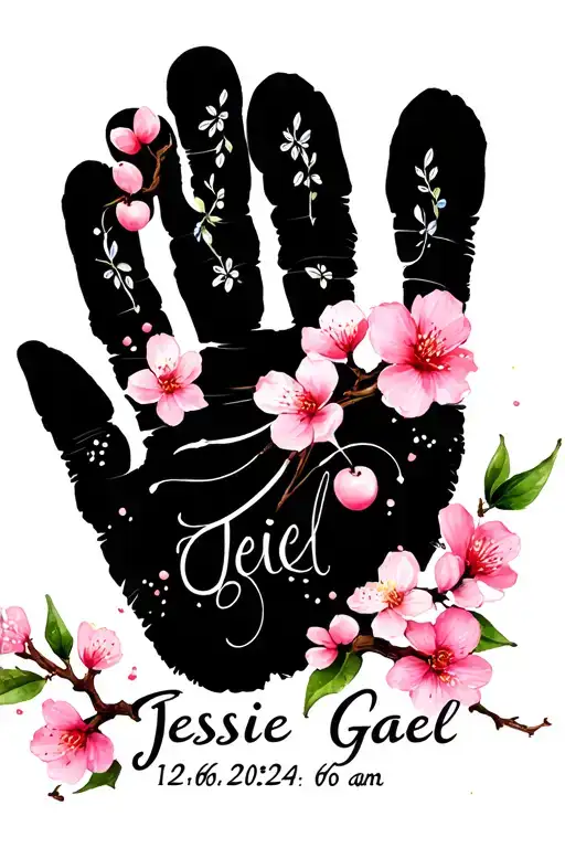 "Jessie Gael 12-06-2024 6:23 am" black and white baby hand print with a few pink cherry blossoms tattoo design idea
